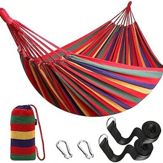 SHEIN Outdoor Camping Hammock Outdoor Portable Canvas Lightweight Hammock With Tree Friendly Straps Carry Bag Perfect For Garden, Balcony, Patio, Beach, Hik