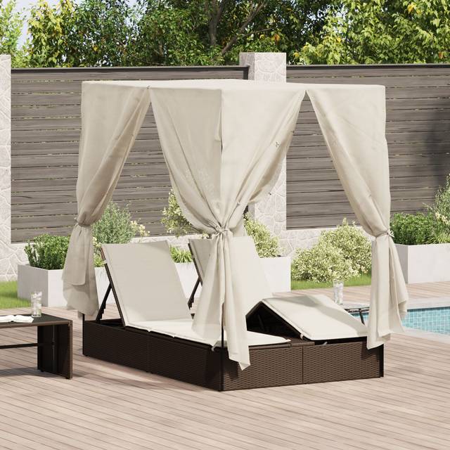 Double Sun Lounger with Roof and Curtains Brown Poly Rattan Vidaxl