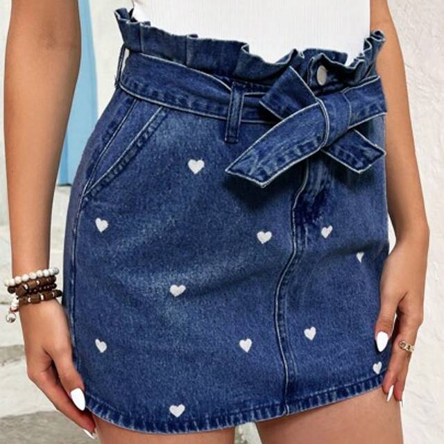 SHEIN Holiday Heart Pattern Denim Mini Skirt With Fringe Edge For Women, Blue