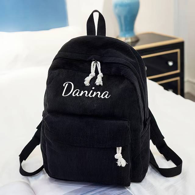TEMU 1pc Custom Embroidered Corduroy Backpack For Women - Personalized Pink Casual Daypack With Practical Pockets, Travel & Everyday Use, Personalized Gift | Minimalist Backpack | Corduroy Material
