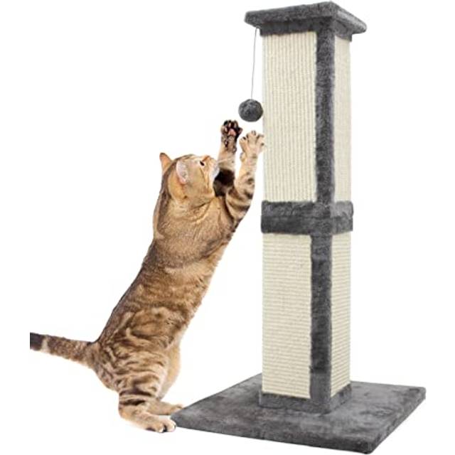 SONGWAY Tall Cat Scratching Post - Natural Sisal Cat Scratcher with Teasing Toy Ball and Covered with Soft Plush, Scratch Toy for Cats Kittens, Gray