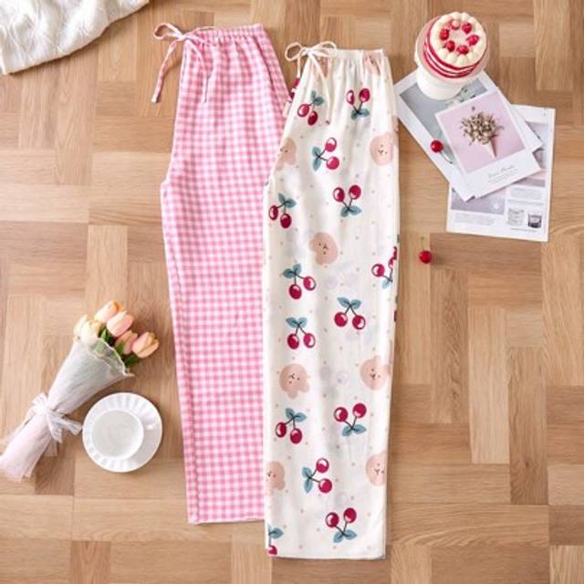 SHEIN 2pcs Women Plaid Cute Bear Print Pajama Bottom Set