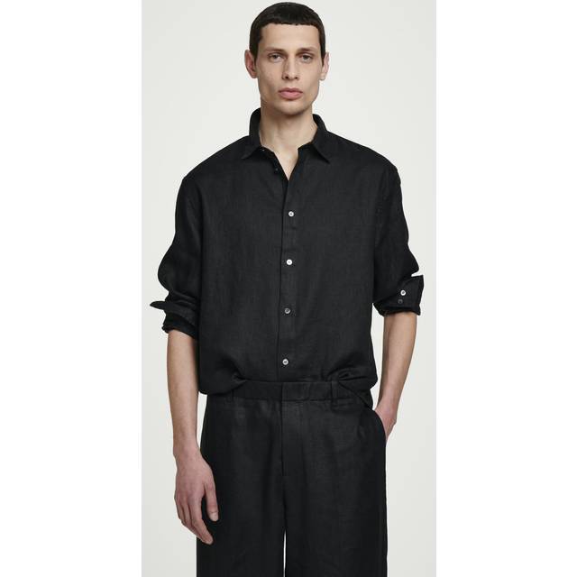 Relaxed Linen Long-Sleeved Shirt - Black - XL