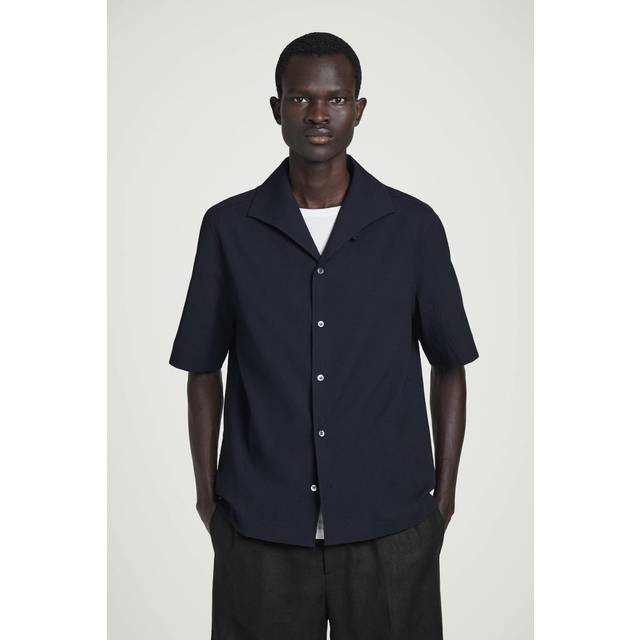 Camp-Collar Seersucker Shirt in Navy - XL