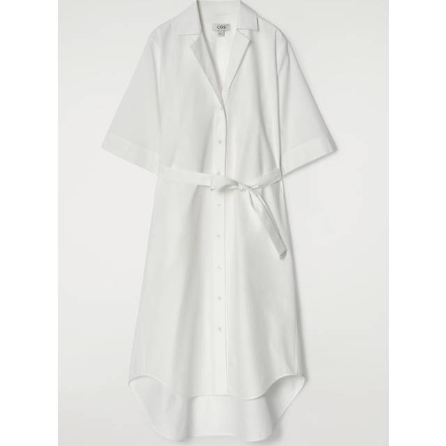 Belted Short-Sleeved Midi Shirt Dress - White - 38