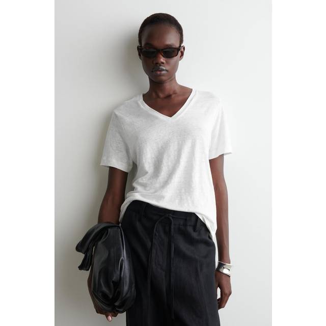 V-Neck Linen T-Shirt - White - XS