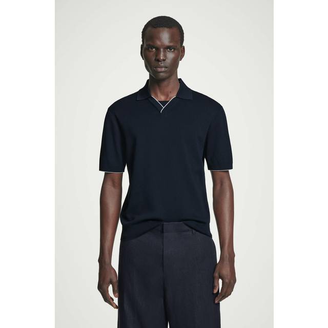 Contrast-Tipped Knitted Polo Shirt in Navy - XL