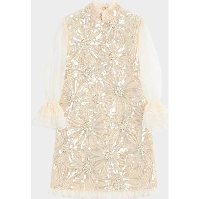 Valentino Short Embroidered Organza Dress Woman PEARL GREY 38