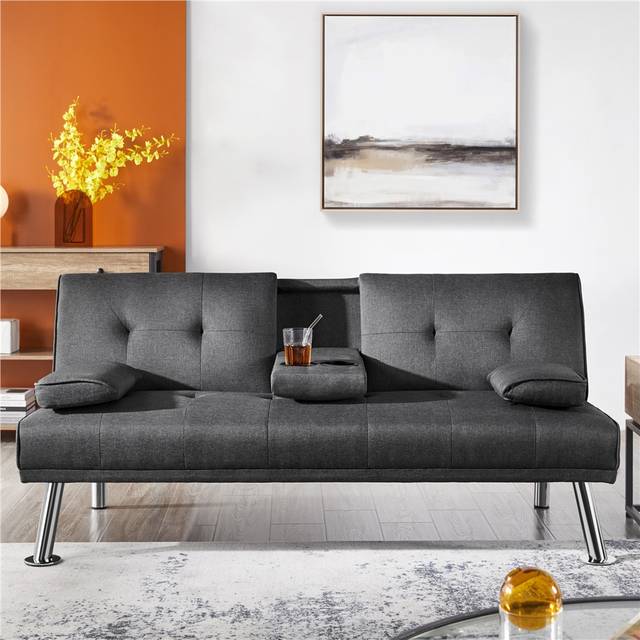 TEMU Yaheetech Sofa Bed Fabric Upholstered Convertible Futon Sofa With Drop-down Platform, 2 Cup Holders & 2 Throw Pillows Sofa Bed Sleeper For Living Room//bedroom/, Black/dark Grey/light Grey/