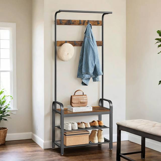 TEMU Coat Rack, Coat Stand With Shoe Storage Bench, With 9 Removable Hooks, For Hallway, 34 X 72 X 183 Cm, Industrial