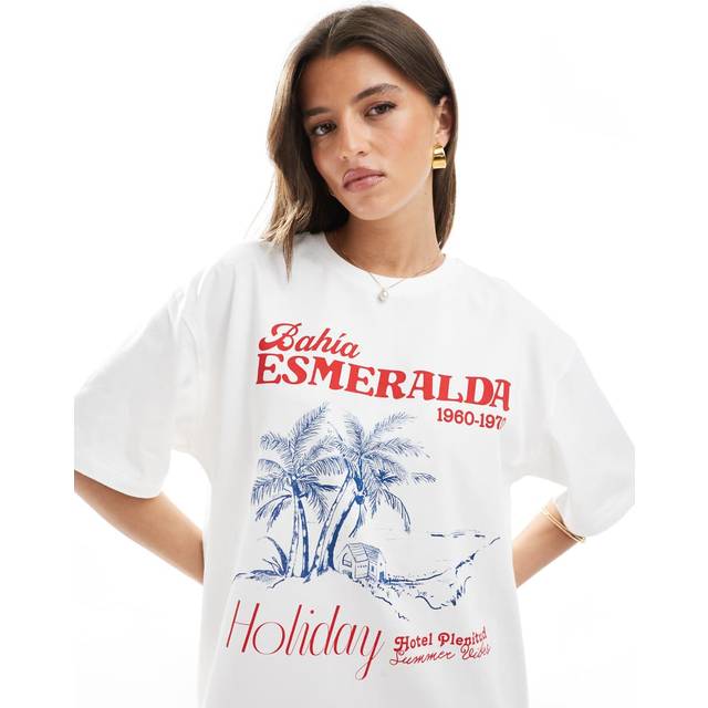 Stradivarius Bahia Esmeralda print T-shirt White S