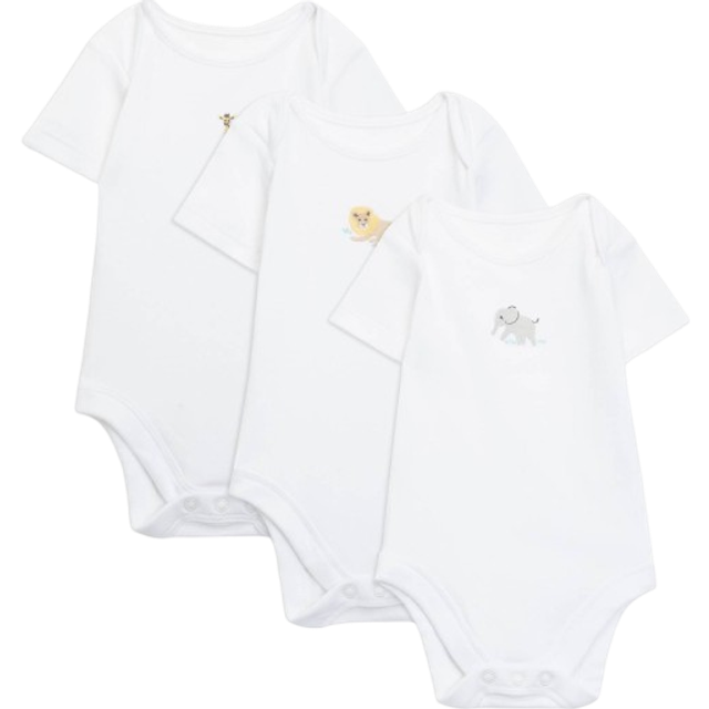 John Lewis Baby Safari Animal Embroidery Short Sleeve Bodysuits, Pack of 3, White