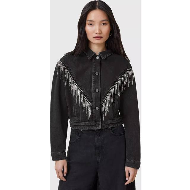 Marlene Fringed Denim Jacket - Black - Founded in London in 1994, AllSaints has been crafting iconic leather pieces for decades. As well as statement jackets, biker boots, and accessories, the brand’s everyday items offer a dose of attitude with distressed detailing, daring prints and the signature Ramskull logo.