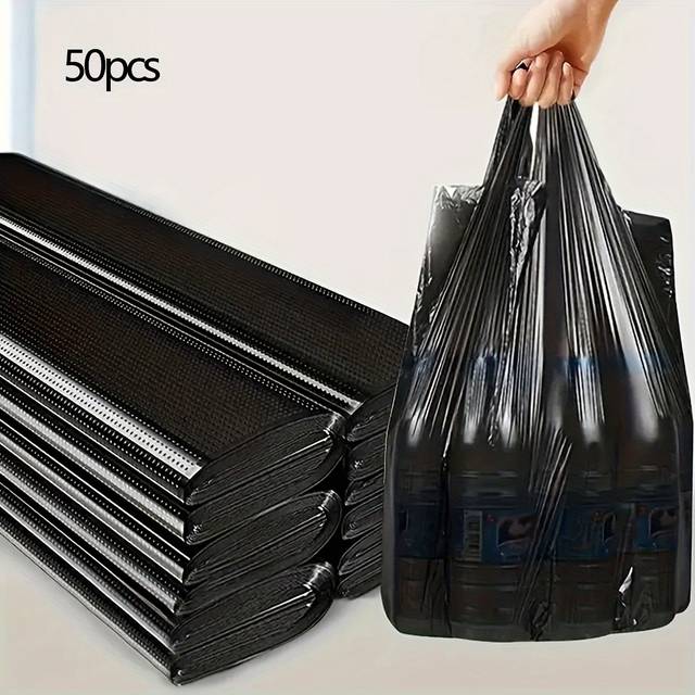 TEMU 50pcs Heavy-duty Black Trash Bags - Multipurpose, Thickened Plastic Garbage Bags For Home, Kitchen, Industrial Use - High-quality Disposable Waste Bags With Textured Grip