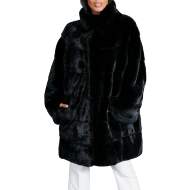 Mink fur coat ring collar and long sleeve • black color - 44/46
