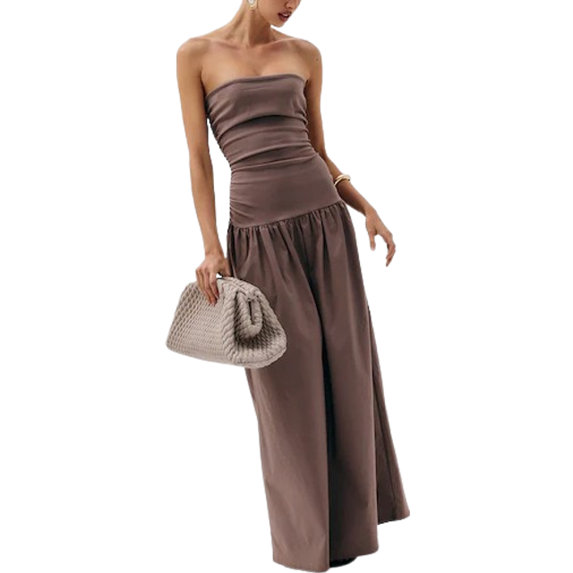 Taupe Stretch Woven Bandeau Ruched Maxi Dress, Brown - 8