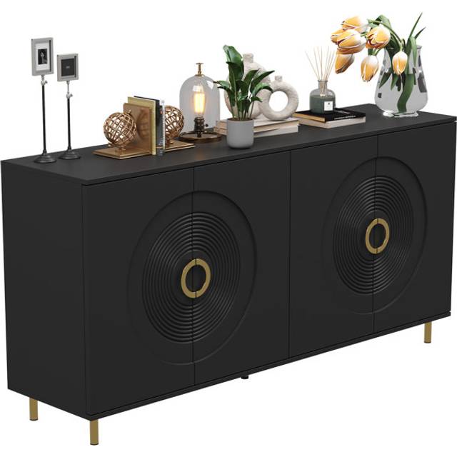 Mid-century Modern Sideboard With Speaker Fronts, 160cm, Black (79.6cm H X 160cm W X 40cm D)