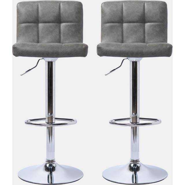 Adjustable Bar Stools x 2 Faux Leather Swivel Seat Kitchen Counter Chair - Light Grey - One Size