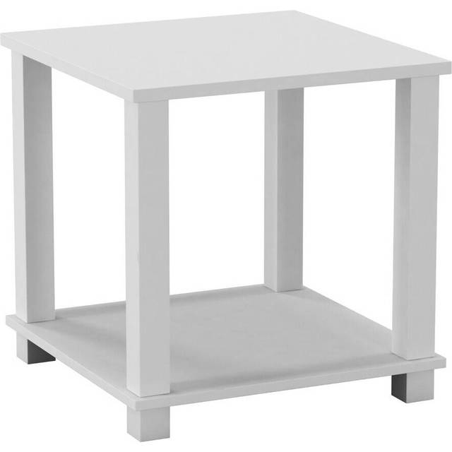 (White) 2 Tier S-Tube End Table Small Wood Bedside Nightstand With Storage Shelf