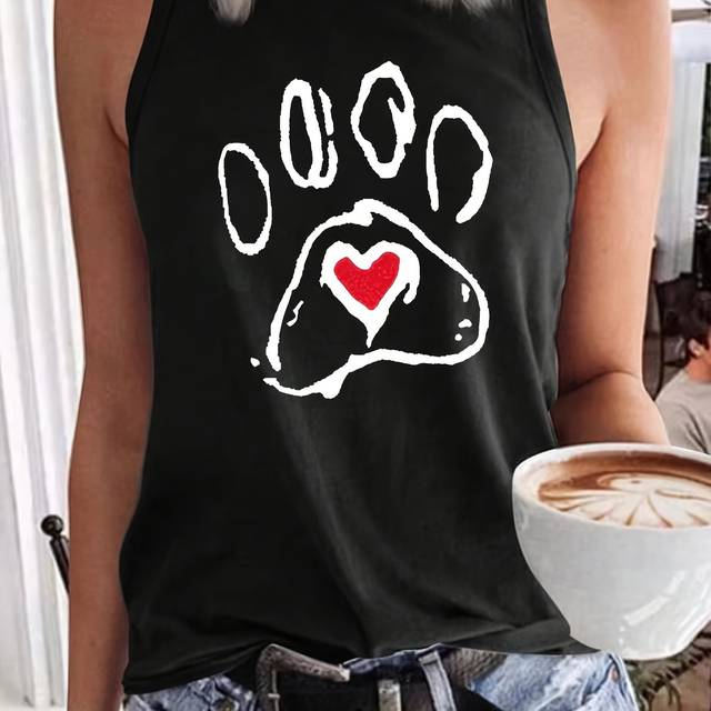 TEMU | Women's Plus Size Casual Tank Top With Dog Paw And Heart Print, Comfortable Loose Fit, Black Polyester Sleeveless Shirt For Spring And Summer, Ladies Tank Tops
