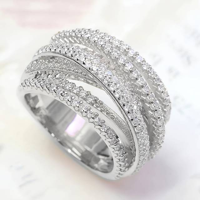 TEMU Stylish Braided Silver-plated Wide Ring With Sparkling Synthetic Zirconia Bridal Party Accessory For Women's And Anniversary Love Gift