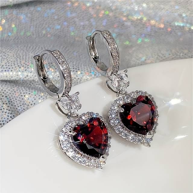 TEMU Elegant Red Synthetic Heart-shaped Hoop Earrings For Women - Nickel-free Copper, Weddings & Romantic Proposals
