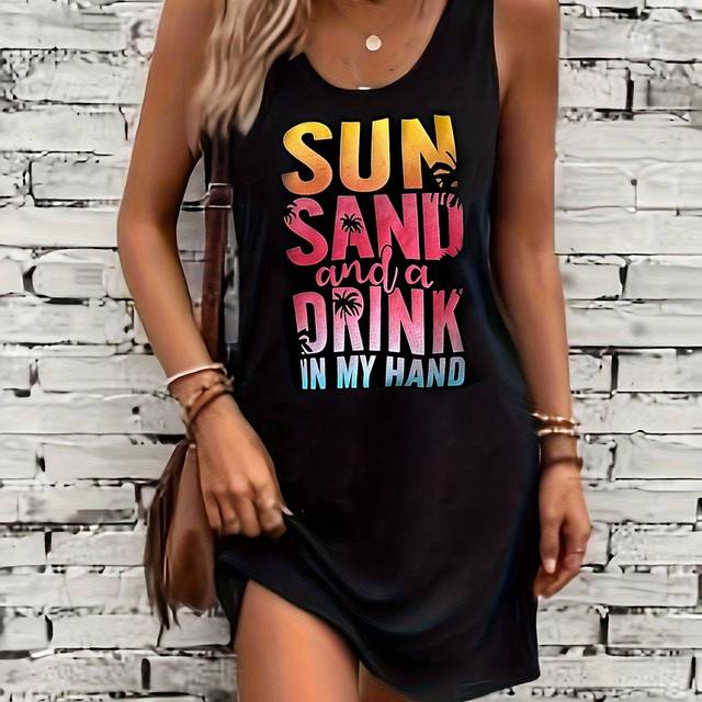 TEMU Women's Summer Casual Printed Pinafore Dress With Geometric Pattern, Polyester Knit Fabric, Crew Neck, And Handheld Drink Slogan