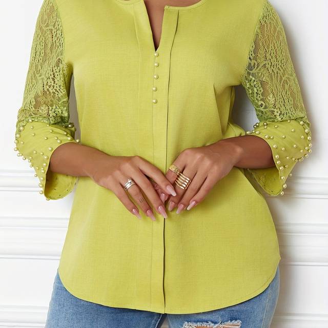 TEMU Lace Splicing Neck Beaded Blouse, Casual 3/4 Sleeve Blouse For , Women's Clothing
