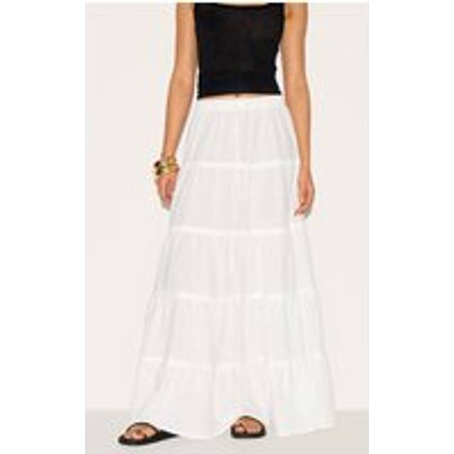 White Cotton Tiered Drawstring Waist Maxi Skirt, White - 8