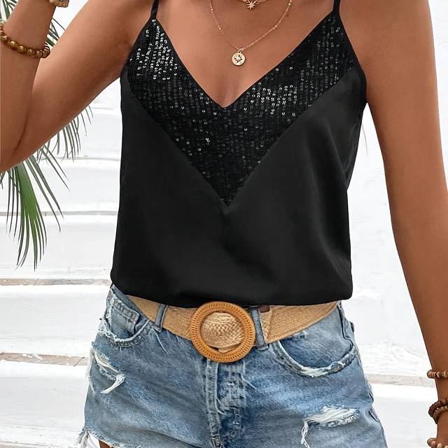 TEMU Glitter Panel V-neck Camisole Tank Top For Summer