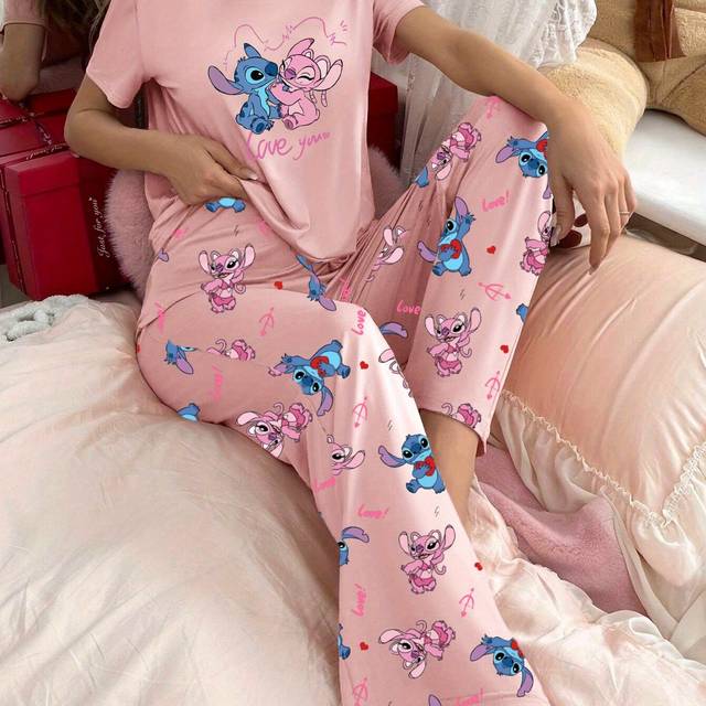 TEMU Stitch Women's Pajama Set - Lightweight, Stretchy, Quick-dry Summer Homewear With A Round Neck Short-sleeve Top And Long Pants, Featuring A Cherry