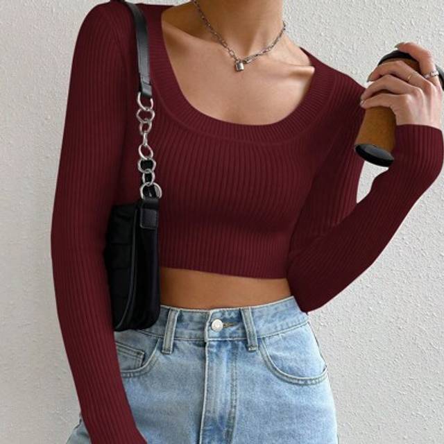 SHEIN Scoop Neck Ribbed Knit Crop White Sweater