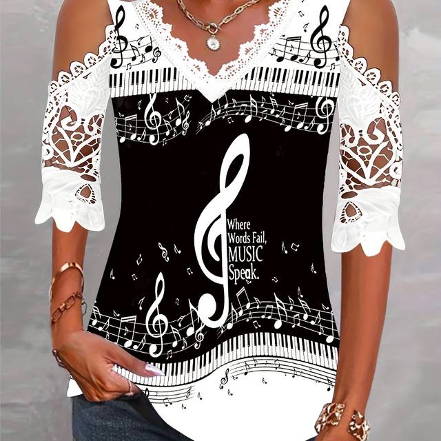 TEMU Women's Elegant V-neck Lace Sleeve T-shirt With Music Note Print - Black & White Geometric Pattern, High Stretch Polyester, Summer Vacations, Ladies T Shirts