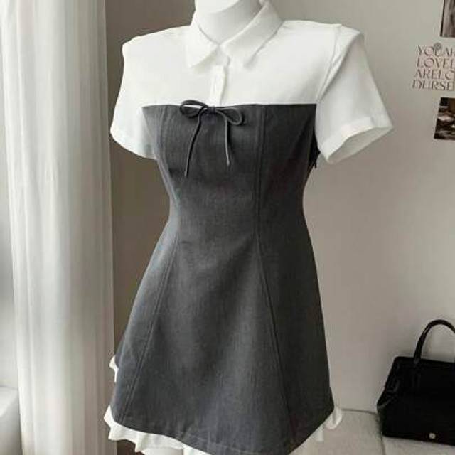 Comfortcana Women&#39;s Summer  Business Casual  Contrast Color Short Sleeve Bow Decor Button Up Mini Shirtdress,Summer Women Outfit