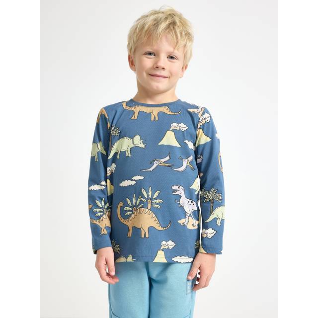 Lindex Kids' Dinosaur Print Long Sleeve T-Shirt, Dusty Blue/Multi
