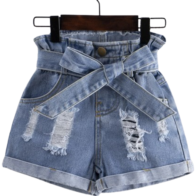 SHEIN Young Girl Paperbag Waist Ripped Roll Hem Belted Denim Shorts