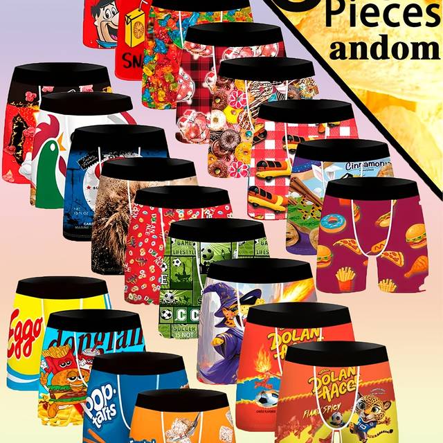 TEMU 3pcs Men's Novelty Cartoon Snack Print Boxer Briefs - Stretchy & Breathable Polyester Blend, Fit Underwear With Elastic Waistband - Machine Washable, Boxer Shorts