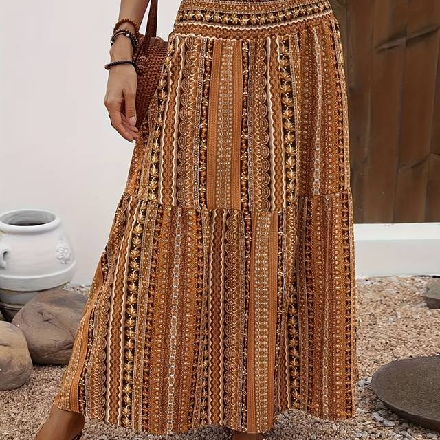 TEMU Boho Chic High-waisted Maxi Skirt For Women - Brown & Beige Striped Print, Hem, Spring/summer Vacations, Machine Washable