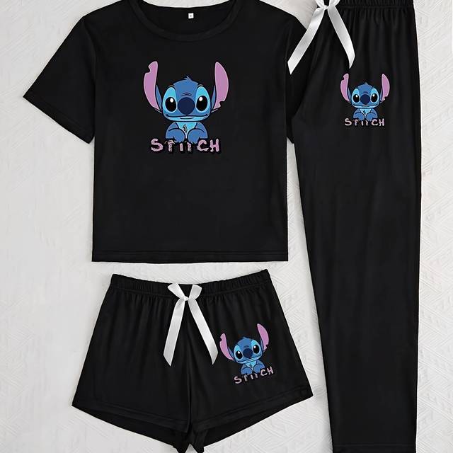 TEMU Stitch Cartoon Print Women's Pajama Set - 3pcs, Black Short Sleeve Top & Shorts With Bow Detail, Casual Crew Neck, Sleepwear, Comfortable Polyester Fabric, Casual Wear| Print Top|bow Detail Desig
