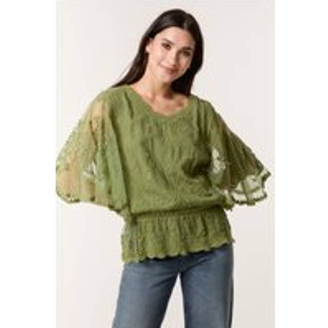 Blue Vanilla Khaki Floral Lace Butterfly Sleeve Blouse - s/m