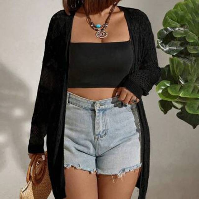SHEIN Plus Size Women&#39;s Solid Color V-Neck Hollow Long Sleeve Mid-Length Casual Loose Cardigan Shawl Jacket, Lightweight For Spring & Summer