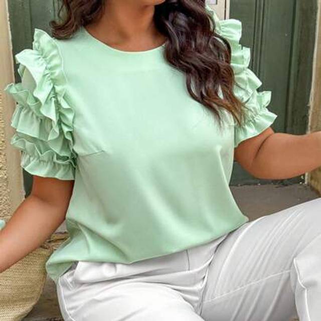 Calvaya Plus Size Women Casual Solid Color Ruffle Hem Blouse