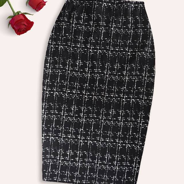 TEMU Elegant Women's High-waisted Bodycon Skirt | Navy Checkered Pattern | Stretchy Polyester Blend | Machine Washable | Versatile Fashion | Spring/summer 2025 Collection, Tight Fitted Design