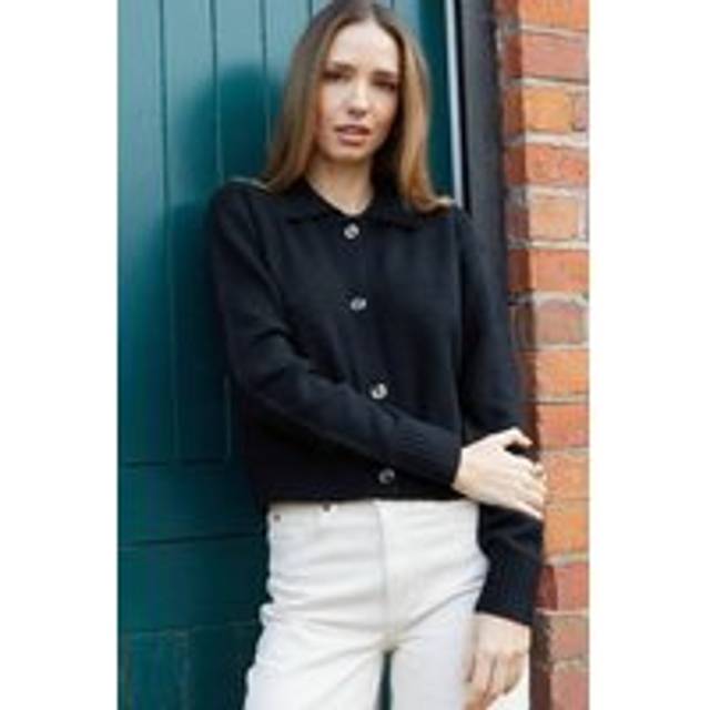 Threadbare Womens Black Cropped Knitted Cardigan With Collar - Size 14 UK