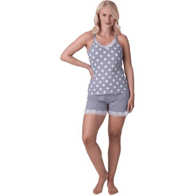 Lightweight 100% Cotton Spot Printed Sleeveless Top Pyjama Set With Lace Detailing - Grey - 12-14