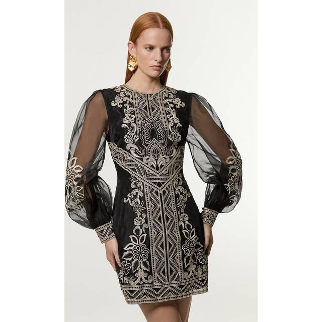 Embroidered Organdie Balloon Woven Mini Dress - Black