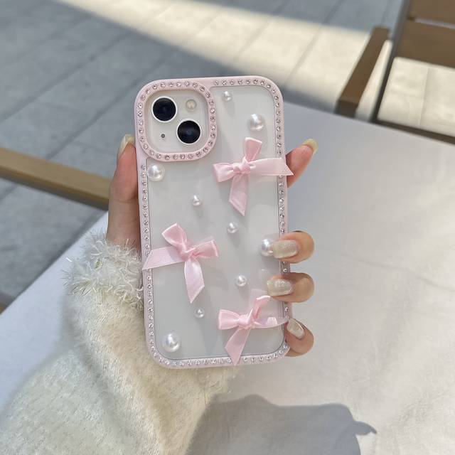 TEMU Style Rhinestone Edge Three-dimensional Pearl Bow Mobile Phone Case Suitable For Iphone 16 Pro Max