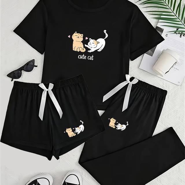 TEMU 3pcs Teen Girls' Pajama Set With Cute Cat And Dog Print - Short Sleeve Top, Shorts, And Long Pants - Comfortable Polyester Spandex - Casual For Spring/summer/fall
