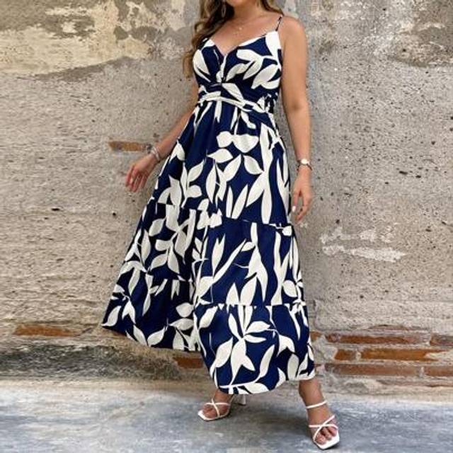 Breezaya Plus Size Women&#39;s Western Style Bohemian Holiday Casual Commute Leaf Large Flower Waist Cinched Ruched Back Waistband Layered Hem Maxi Slip Dress, Spr