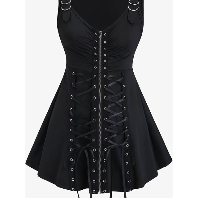 TEMU Women's Gothic Vintage Sleeveless Tank Top With Strapless Ruched Detail - Red Zipper Vest Style, Polyester, Summer Fashion, Sleeveless Fashion|ruched Detailing|sleek Goth Style